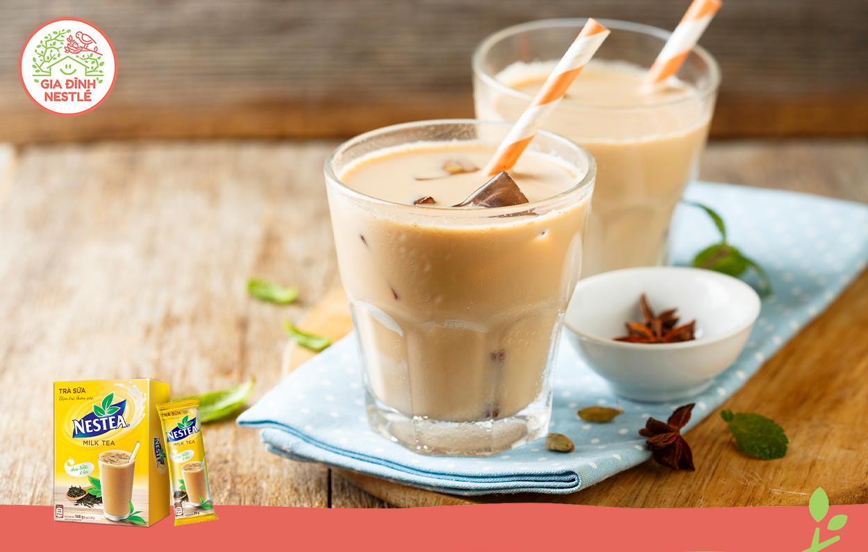 Trà sữa NESTEA Nha đam lựu với vị trà sữa thơm đậm quyện với nha đam thanh mát giòn giòn sẽ khiến bé thích mê uống mãi không thôi.